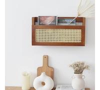 MOIUCUN Wall-Mounted Magazine Rack With PE Rattan Grid, 44 x 24 x 10 cm, Newspaper Holder, Wall Organiser for Entrance Area, Living Room, Waiting Room, Office (Retro Brown)