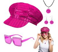 Moiuguli 70s Disco Fancy Dress for Women, 4Pcs Red ABBA Disco Accessories Costume Kit with Bling Hat Sunglasses Earrings Necklace Retro for 70s Theme Party Dance Outfits