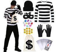Moiuguli Convict Costume Men, Bank Robber Thief Costume, Carnival Men's Set with T-Shirt, Knitted Hat, Bank Robber Mask for Cosplay