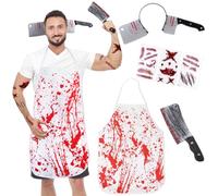 Moiuguli Halloween Butcher Costumes for Men, Halloween Blood Apron Horror Fancy Dress Kit, 1 Apron, 2 Butcher Thru Head Props, 3 Sheets Realistic Tattoo Stickers Outfit for Adult Chef