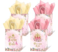 MOIZYNG 16 Pcs Once Upon a Time Princess Party Favor Bags, Pink Floral Gold Castle Goodie Snacks Candy Treat Gift Bag with Tissue Paper for Girls Birthday Wedding Fairytale Party Supplies Decorations