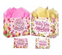 MOIZYNG 2PCS Feliz Dia de las Madres Gift Bag with Handles, Tissue Paper and Greeting Card, Spanish Mother's Day Wrapping Paper for Mothers Day Party Decorations Supplies
