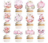 MOIZYNG 36 PCS A Little Pumpkin is On The Way Cupcake Toppers, Pink Princess Carriages Floral Pumpkin Baby Shower Cake Decorations for Baby Girl First Birthday Gender Reveal Party Supplies Favors