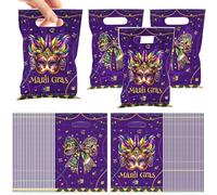 MOIZYNG 50 Pcs Mardi Gras Gift Bags with Handles, Purple Green Masquerade Mask Bow Plastic Treat Goodie Bags for New Orleans Carnival Birthday Mardi Gras Party Favors Supplies