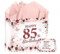 MOIZYNG 85th Birthday Gift Bag with Greeting Card and Tissue Paper Elegant Vintage Floral Design for Women with Rose Gold Accents for 85th Birthday Party Decorations