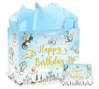 MOIZYNG Dragon Birthday Gift Bag, Magical Cute Baby Dragon Gift Wrap Bags with Handles, Tissue Paper and Greeting Card for Boys Girls Kids Birthday Baby Shower Party Favors Decorations