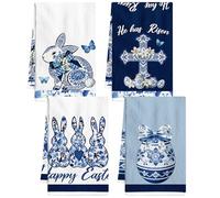 MOIZYNG Easter Kitchen Towels Set of 4, Blue White Rabbits Bunny Egg Cross Hand Towels Dish Cloth, Spring Farmhouse Kitchen Bathroom Home Holiday Seasonal Decorations 16x24 Inches