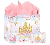 MOIZYNG Her Royal Fiveness Birthday Gift Bag, Pink Gold Castle Floral Princess 5th Birthday Gift Wrap Bags with Handles, Tissue Paper and Greeting Card for Girls 5 Year Old Party Favors Decorations