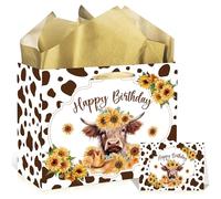 MOIZYNG Highland Cow Birthday Gift Bags with Handles, Tissue Paper and Greeting Card, Brown Cow Sunflower Gift Wrapping Paper for Western Farm Themed Baby Shower Birthday Party Favors Supplies