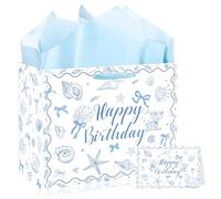 MOIZYNG Ocean Beach Birthday Gift Bags with Handles, Tissue Paper and Greeting Card, Blue Bow Starfish and Seashell Wrapping Paper for Summer Coastal Birthday Party Decorations