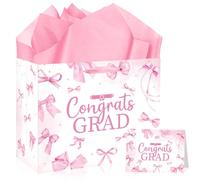 MOIZYNG Pink Graduation Gift Bag with Handles, Tissue Paper and Greeting Card, Coquette Pink Bow Congrats Grad Wrapping Paper for Girls Nurses Graduation Party Favors Supplies
