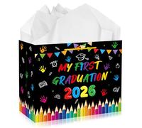 MOIZYNG Preschool Graduation Gift Bags with Handles, Tissue Paper and Greeting Card, My First Graduation 2026 Wrapping Paper for Boys Girls Kindergarten Graduation Party Favors