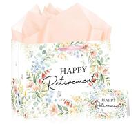 MOIZYNG Retirement Gift Bag with Handles, Tissue Paper and Greeting Card, Floral Happy Retirement Wrapping Paper for Men Women Office Coworker Farewell Going Away Party Favors