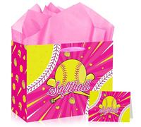 MOIZYNG Softball Gift Bag & Greeting Card for Girls, Birthday Party Decorations, Gift Bag with Hot Pink Tissue Paper & Ribbon, Softball Sports Gifts for Girls