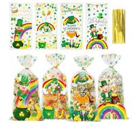 MOIZYNG St. Patrick's Day Cellophane Treat Bags, 100 Pieces Lucky Shamrock Rainbow Plastic Candy Goodie Gift Bags with Twist Ties for St. Patty's Saint Patrick Day Irish Party Favors Supplies