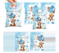 MOIZYNG We Can Bearly Wait Baby Shower Decorations, 50Pcs Blue Teddy Bear Plastic Candy Treat Goodie Gift Bags for Boys Baby Shower Gender Reveal Party Favors Supplies