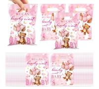 MOIZYNG We Can Bearly Wait Baby Shower Decorations, 50Pcs Pink Teddy Bear Plastic Candy Treat Goodie Gift Bags for Girls Baby Shower Gender Reveal Party Favors Supplies
