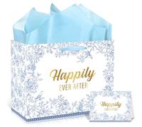 MOIZYNG Wedding Gift Bag with Handles, Tissue Paper and Greeting Card, Blue Floral Happily Ever After Gift Wrap Bags for Bridal Shower Wedding Bachelorette Engagement Party Favors