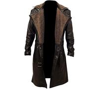 Moizzy Men's Belted German Military WW2 Real Lambskin Leather Long Winter Trench Coat With Shearling Fur Collar (UK, Alpha, S, Regular, Regular, Brown)