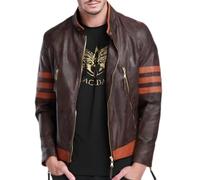 Moizzy Mens Wolverine X-Men Origins Logan Vintage Brown Fashion Motorcycle Leather Jacket With Stripe Sleeves (X-Men(Brown), UK, Alpha, L, Regular, Regular)