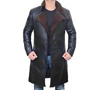 Moizzy Ryan Gosling Blade Runner 2049 Officer Men's Real Leather Fur Collar Long Trench Coat (BR-(Black), UK, Alpha, 4XL, Regular, Regular)