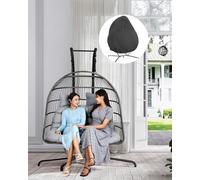 MOJIA Double Egg Chair with Stand for 2 People, Twin Hanging Chair Indoor and Outdoor with Cushion and Protective Cover, Rattan Loveseat Swing for Garden, Backyard and Pool Side, Maximum Load 250kg