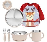 MOJINL Baby Crockery Set Stainless Steel with Suction Cup, 6 Pieces Stainless Steel Children's Tableware Set with Baby Plate, Drinking Cup, Baby Bib with Sleeves, Baby Spoon Fork Bowl, BPA-Free