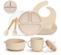MOJINL Silicone Baby Crockery Set, 10-Piece BPA-Free Learning to Eat Set with Suction Cup, Spoon, Fork, Bowl, Bib, Cup, Plate with Lid, Beige