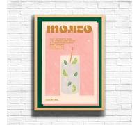 Mojito - Vintage Cocktail Print, Home Bar Art Display - Retro Bar Decor for Home, Kitchen, Lounge - Ideal Poster for Cocktail Lovers, A4 A3 Home Decoration Wall Art Deco (A3 Framed (Oak))
