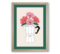 Moka Pot in Bloom Botanical Framed Wall Art Print A1 (84.1×59.4cm) Oak, Wall Decor for Living Room, Bedroom, Office & Home, Ready to Hang, Art Gift