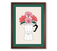Moka Pot in Bloom Botanical Framed Wall Art Print A4 (29.7×21cm) Walnut, Wall Decor for Living Room, Bedroom, Office & Home, Ready to Hang, Art Gift