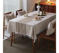 MOKANI Middle Embroidery Table Cloth Washable Cotton Linen Tassel Tablecloth, Square Wrinkle Free Anti-Fading Table Cover for Kitchen Dinning Thanksgiving Christmas (55 x 55 Inch, Brown)