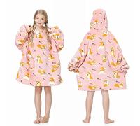 MOKANI Oversized Blanket Hoodie Kids, Wearable Extra Long Blanket for Girls Boys, Super Soft Warm Sweatshirt With Pocket for Children Teens, Long Sleeves, Cute, Flannel, Corgi