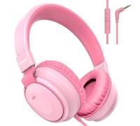Mokata Headphone Kids Volume Limited 85/96dB Wired Over-Ear/On-Earr Foldable Headset with Inline Cable Aux 3.5mm Cord Mic for Boy Girl Child School PC Notebook Tablet Pink