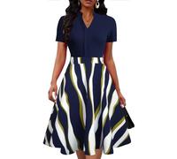 Mokayee Womens Summer Short Sleeve V Neck Fit and Flare Semi Formal Work Wedding Guest Dresses with Pockets, W Navy+striped, M
