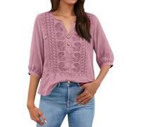 MOKBAY Womens Blouse, Elasticated Cuff Elbow Length Loose Baggy Crochet Holiday Tops UK, Casual Relaxed Fit Capped Half Chiffon Elegant Flared Hem Womens T Shirts Loose Fit, XXL Pink