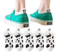 Mokde Mondge 5 Pairs Cute Cow Print Socks Funny Women Embroidery Cotton Black White Short Socks Casual Ankle Socks, Color a