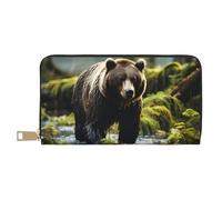 MOKESHN Brown Bear Pounce Leather Wallet, Unisex Long Wallet, Business Zipper, Multiple Card Slots, Large Capacity, Fashion, Casual, Wallet, White, One Size