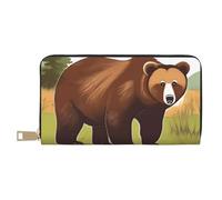 MOKESHN Brown Bear Walking Leather Wallet, Unisex Long Wallet, Business Zipper, Multiple Card Slots, Large Capacity, Fashion, Casual, Wallet