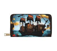 MOKESHN Cartoon Pirate Ship Leather Wallet, Unisex Long Wallet, Business Zipper, Multiple Card Slots, Large Capacity, Fashion, Casual, Wallet, White, One Size