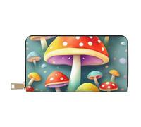 MOKESHN Cute Colored Mushrooms Leather Wallet, Unisex Long Wallet, Business Zipper, Multiple Card Slots, Large Capacity, Fashion, Casual, Wallet, White, One Size