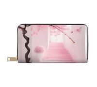 MOKESHN Pink Cherry Blossom Staircase Leather Wallet, Unisex Long Wallet, Business Zipper, Multiple Card Slots, Large Capacity, Fashion, Casual, Wallet, White, One Size