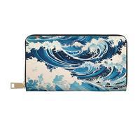 MOKESHN Ukiyo-E Style Waves Leather Wallet, Unisex Long Wallet, Business Zipper, Multiple Card Slots, Large Capacity, Fashion, Casual, Wallet, White, One Size