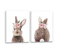 Mokihidream Girls Nursery Wall Art Bunny Rabbit with Pink Flower Crown Canvas Print Wall Decor Woodland Animal Posters Kids Room Set of 2 Bedroom Decoration Bunny Rabbit Pictures Framed Wall Art