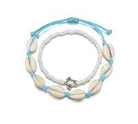 MOKKHNB 2Pcs Vintage Anklet Set with Turtle and Shell Beads, Adjustable White Ankle Chains for Women Beachwear and Summer Fashion Jewelry