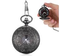 MOKKHNB Retro Classic Dual Display Round Pocket Watch with Roman and Arabic Numerals, Black Dial, White Hands, Steampunk Style with Thick Chain for Men Vintage Collectible