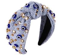 mokkia Knotted Headband for Women Evil Eye Headbands Beaded Rhinestone Crystal Knotted Headbands Sparkly Bejeweled Embellished Top Knot Headband Summer Fashion Hair Accessory (Grey)