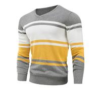 Mokkpeq Men's Stripe Knit Sweater Autumn Cotton V-Neck Jumper Pullover Slim Fit Long Sleeve Pullover Sweaters Gray