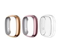 MoKo 3-Pack Screen Protector Case Compatible with Fitbit Versa 3/Fitbit Sense, TPU Plated Bumper Shell Full Cover Protective Case with TPU Screen Protector - Pink & Gold & Clear