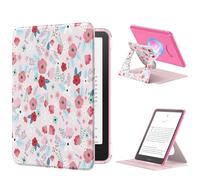 MoKo 360° Rotating Case for 7" Kindle Paperwhite 12th Generation 2024 & Kindle Colorsoft 2024/2025, Clear Back Detachable Magnetic Protective Adjustable Stand Cover with Auto Wake/Sleep, Spring Pink